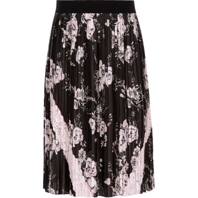 Girls black pleated floral midi skirt